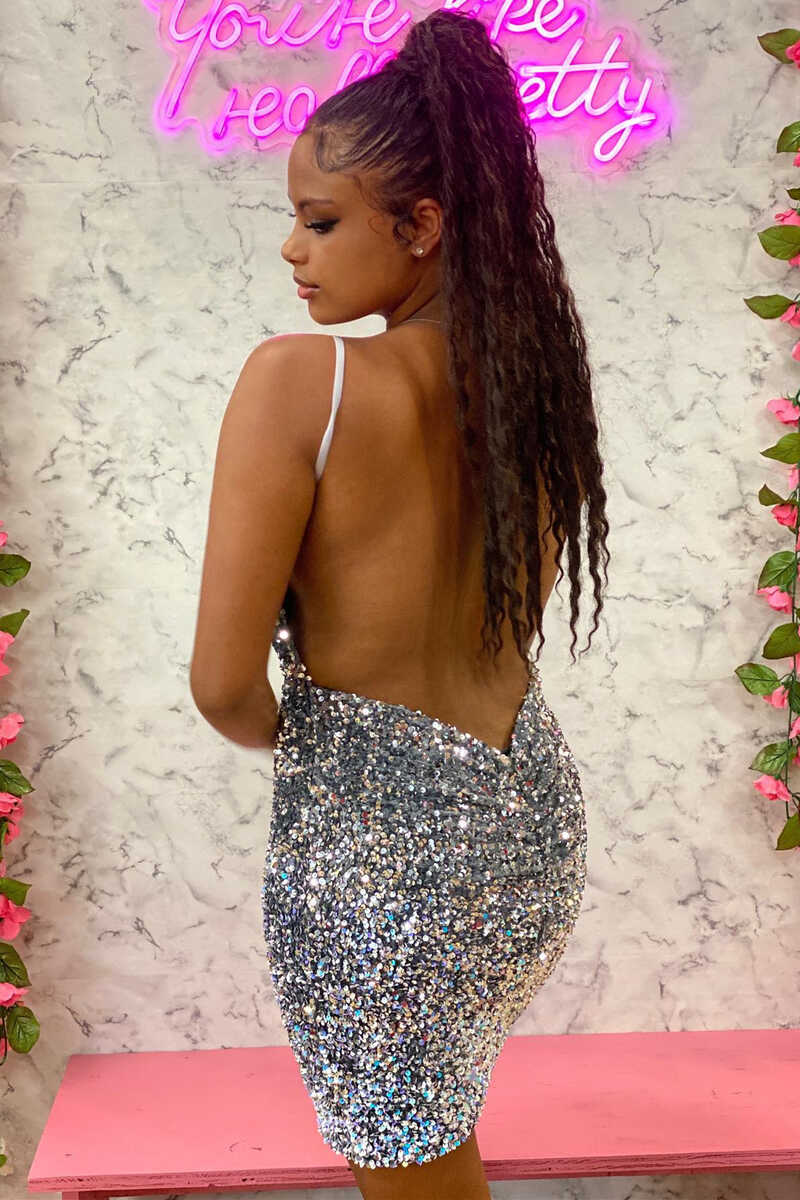 Silver Sequin V-Neck Backless Mini Homecoming Dress