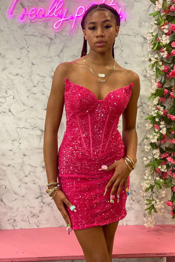 White Iridescent Sequin Strapless Short Homecoming Dress