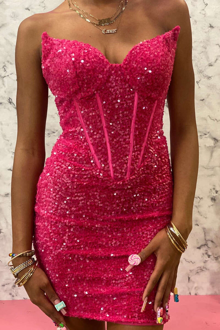 White Iridescent Sequin Strapless Short Homecoming Dress