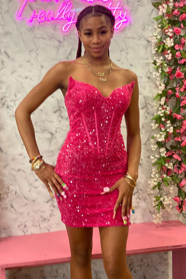 White Iridescent Sequin Strapless Short Homecoming Dress