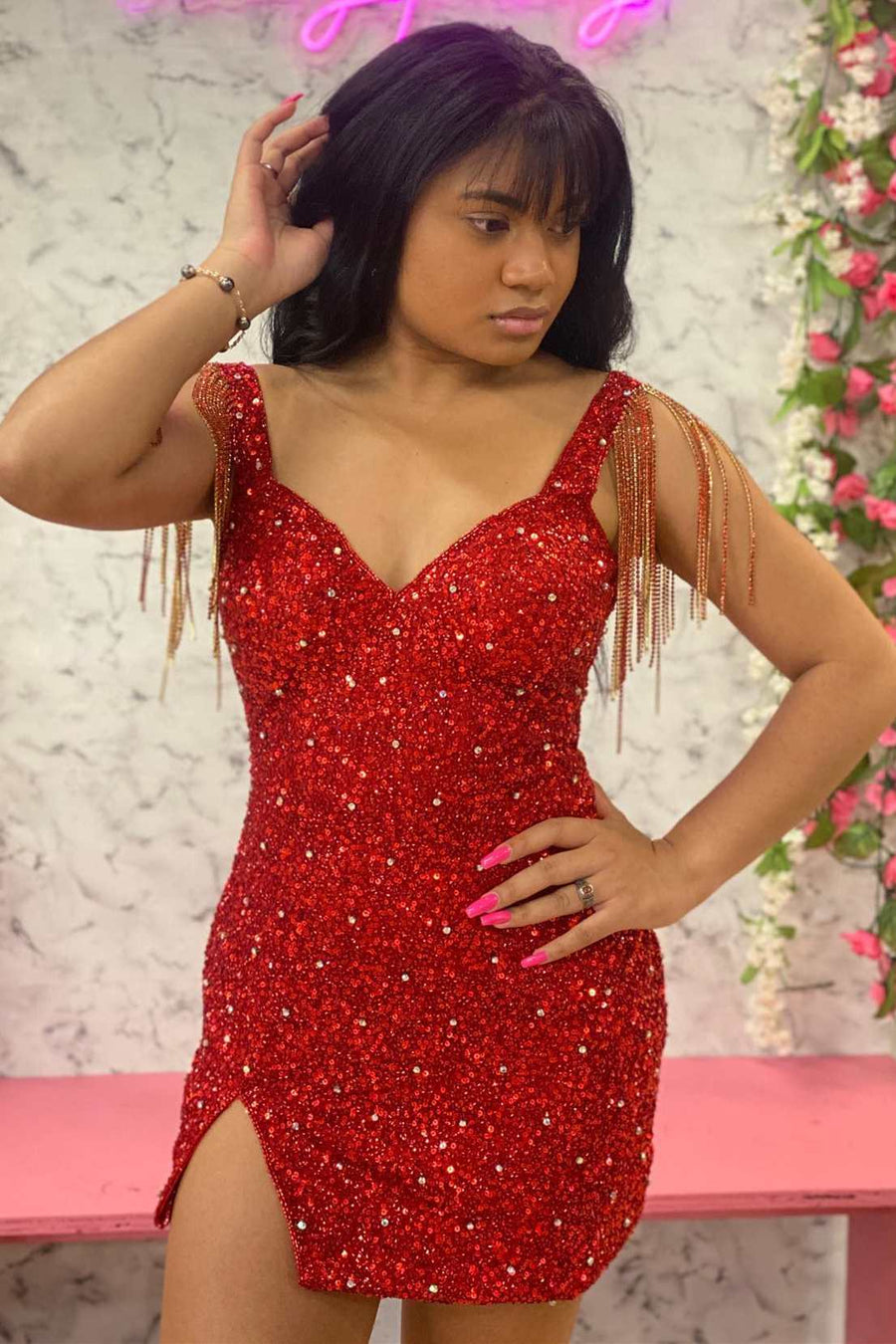 Fringe Red Sequin Short Party Dress with Slit Modsele Fringe Red Sequin Short Party Dress with Slit Modsele