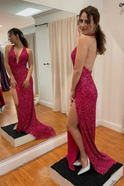 Red Sequin Halter Backless Long Formal Dress with Side Slit
