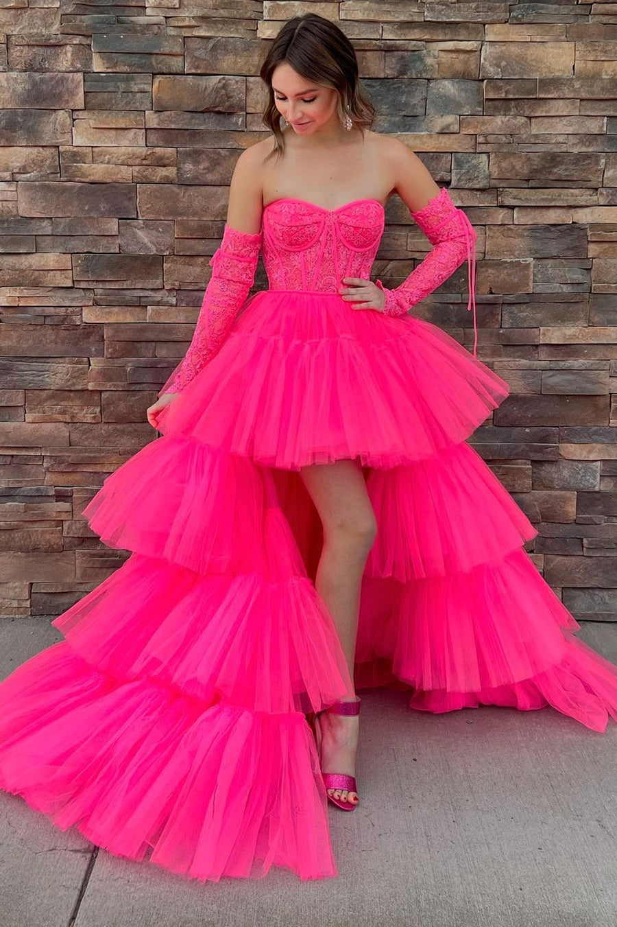 Hot Pink Lace Corset Tiered High-Low Prom Gown