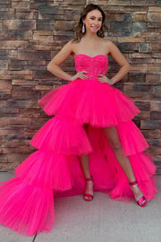 Hot Pink Lace Corset Tiered High-Low Prom Gown
