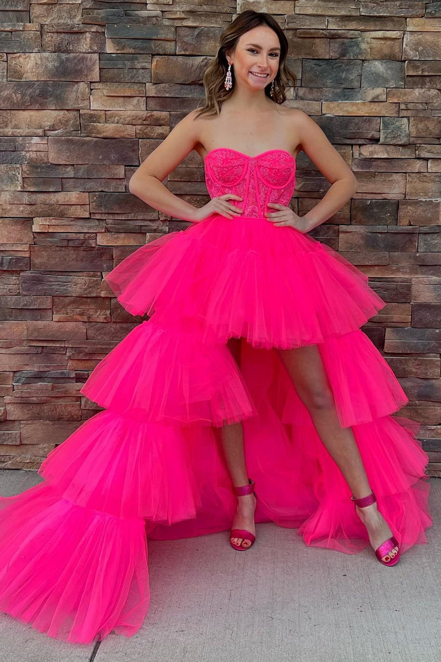 Hot Pink Lace Corset Tiered High-Low Prom Gown Modsele Hot Pink Lace Corset Tiered High-Low Prom Gown Modsele
