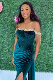 Emerald Velvet Off-the-Shoulder Fringe Long Prom Dress