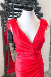 Black Feather V-Neck Long Prom Dress with Slit