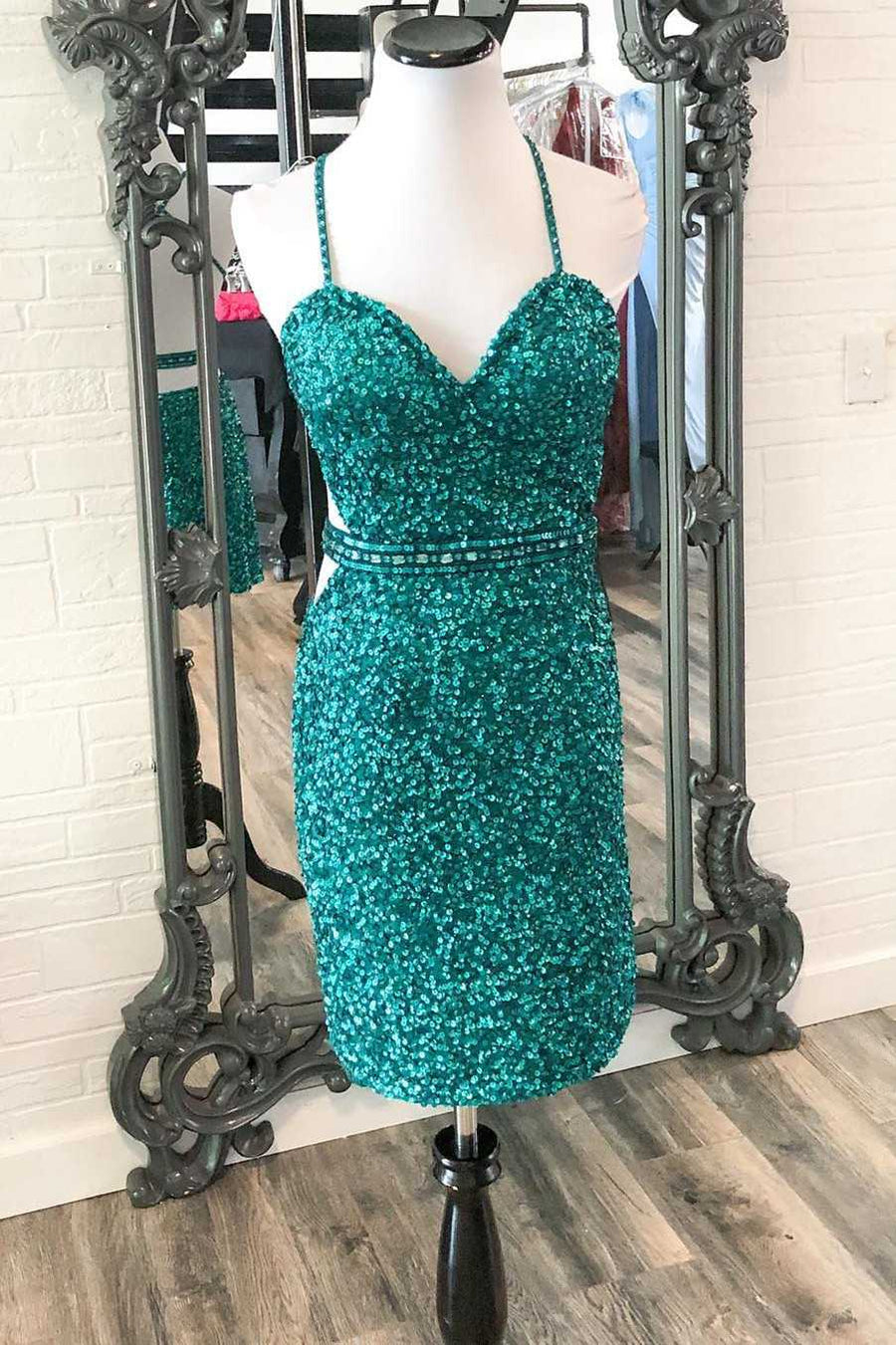 Blue Sequined Sweetheart Backless Mini Party Dress