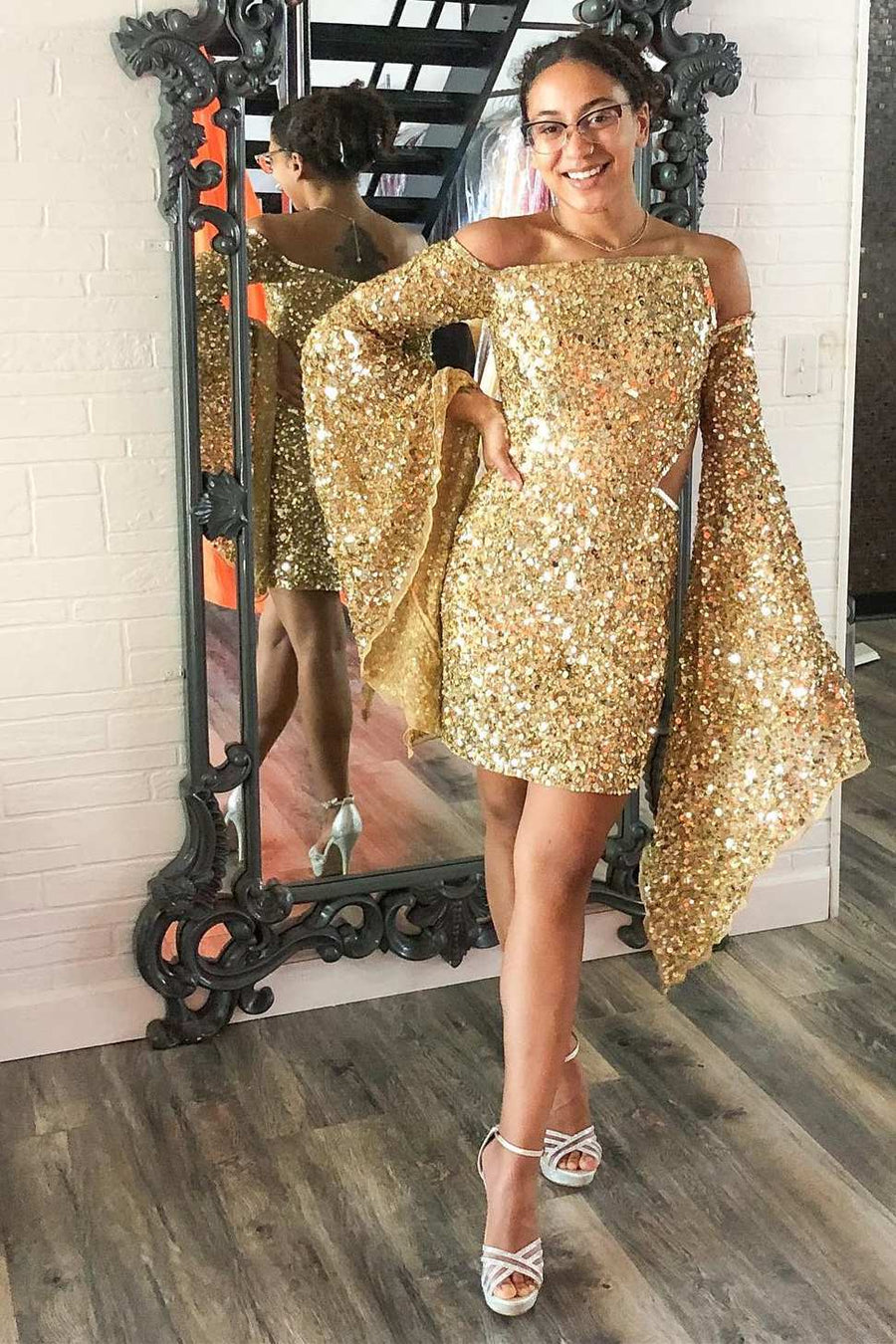 Gold Sequin Long Sleeve Short Party Dress