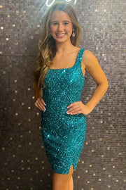 Teal Green Square Neck Backless Short Homecoming Dress