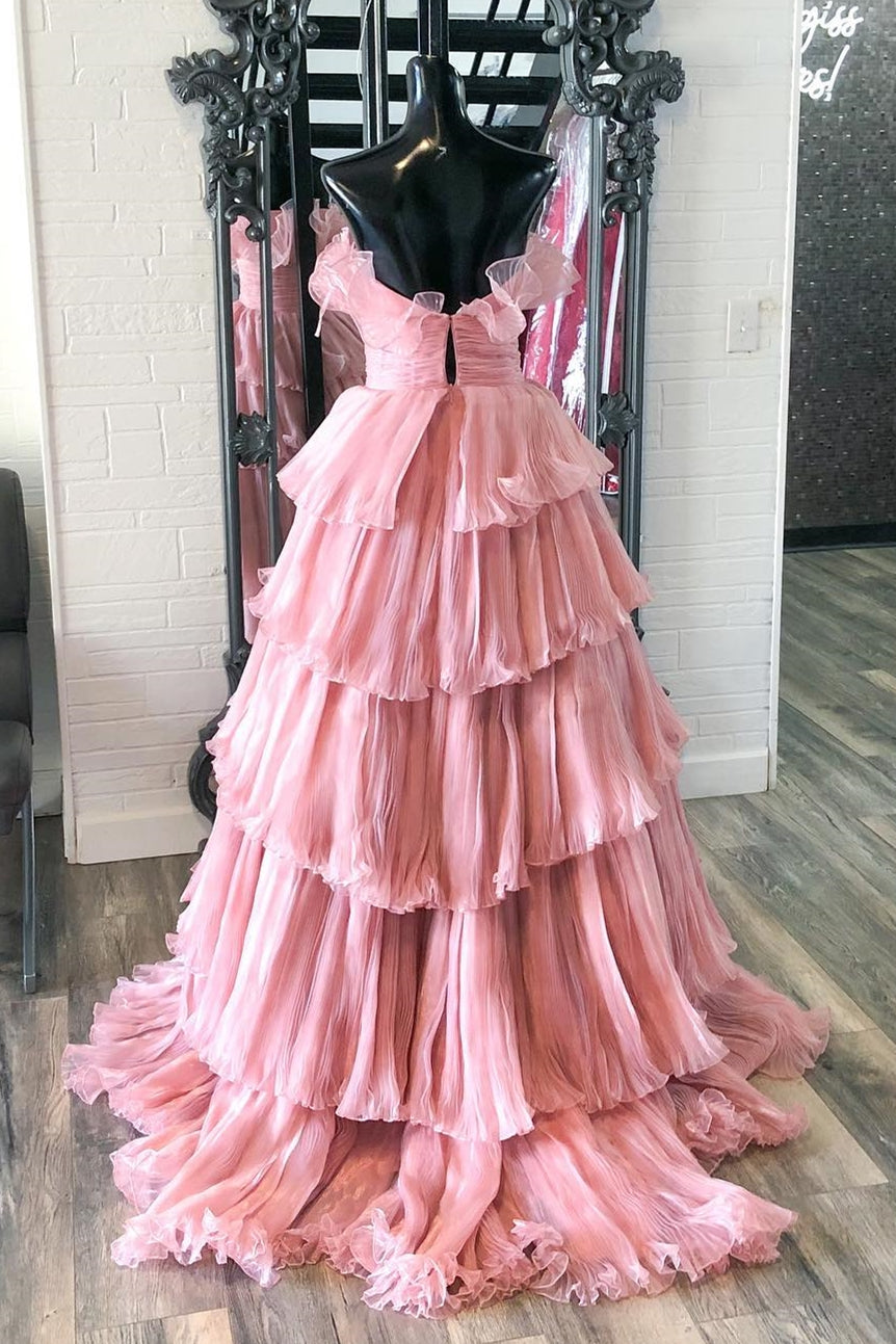 Strapless Banded Waist Tiered Long Prom Gown with Ruffles