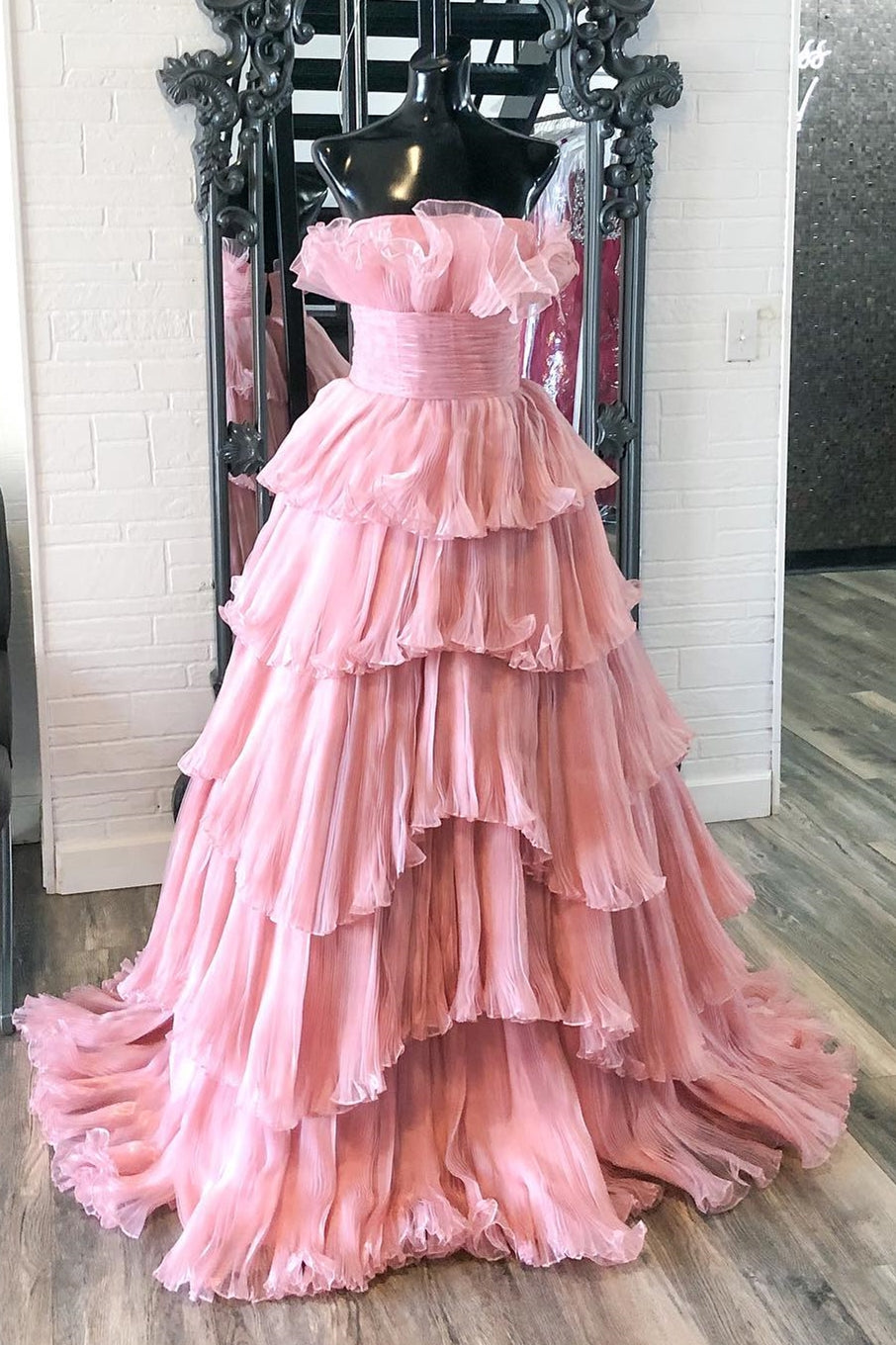 Strapless Banded Waist Tiered Long Prom Gown with Ruffles