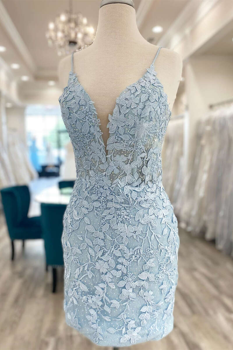 Light Blue Appliques Plunge V Backless Short Homecoming Dress – Modsele
