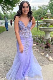 Gold V-Neck Open Back Appliques Trumpet Long Formal Dress