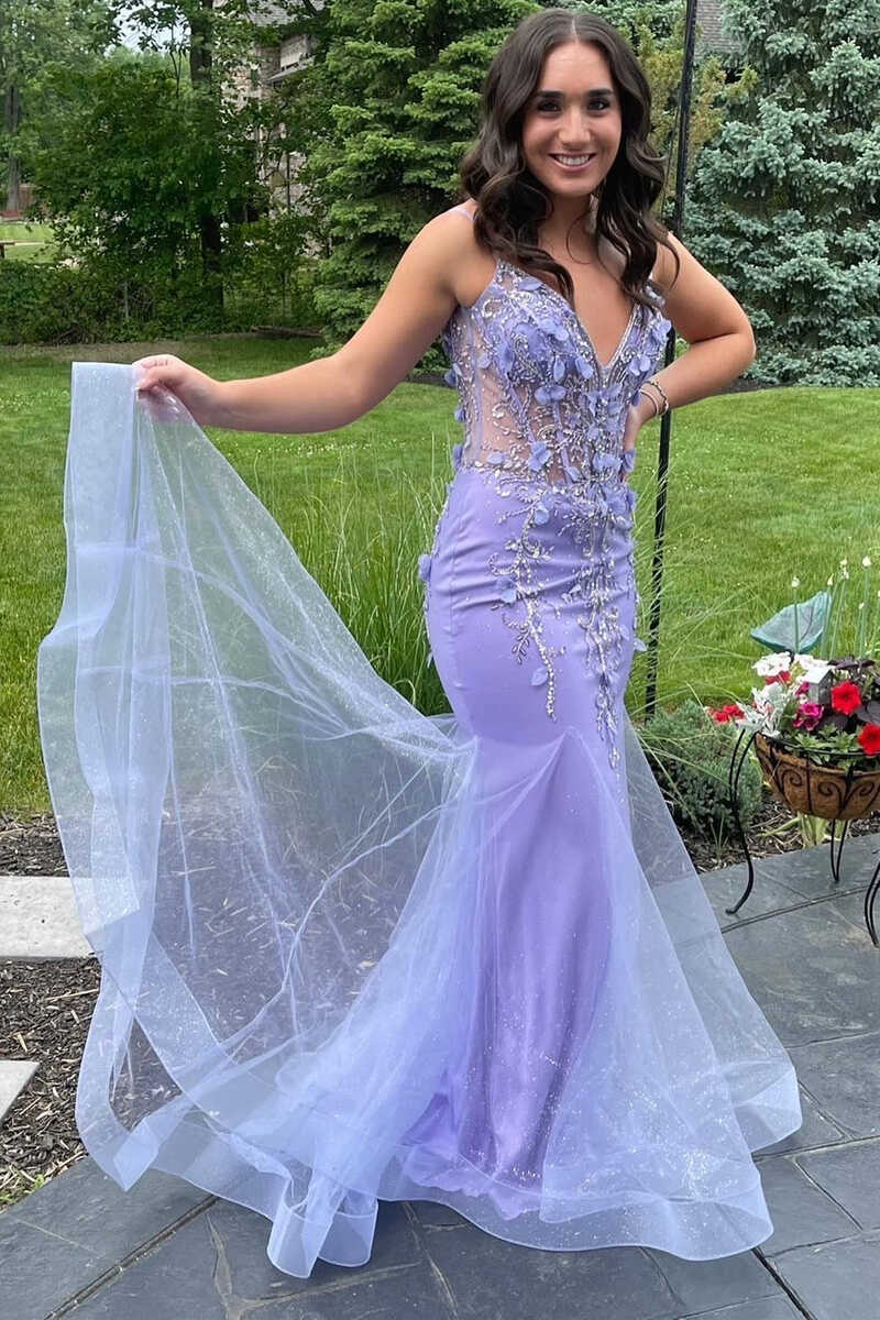 Gold V-Neck Open Back Appliques Trumpet Long Formal Dress