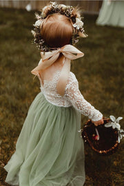White & Green Lace Long Sleeve Backless Flower Girl Dress