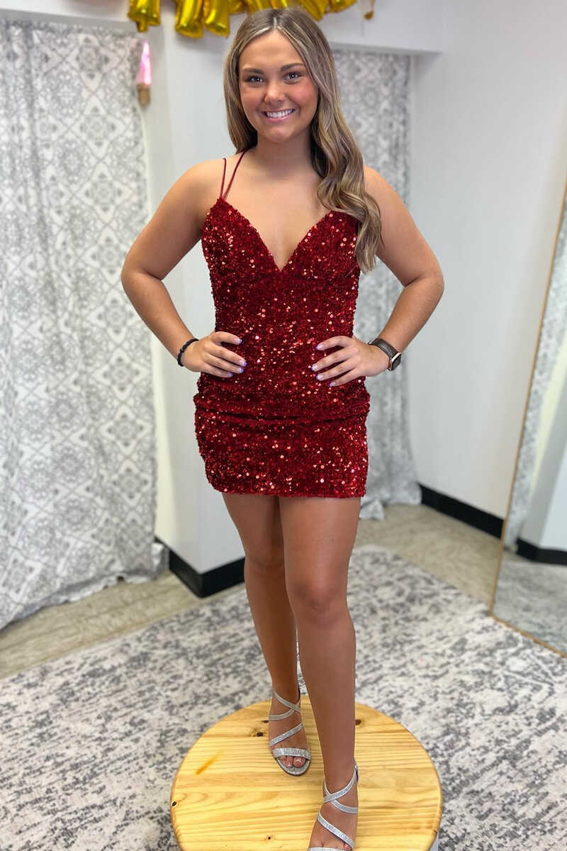 Sequin Spaghetti Straps Lace-Up Bodycon Homecoming Dress