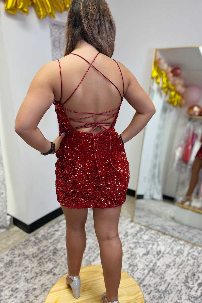 Sequin Spaghetti Straps Lace-Up Bodycon Homecoming Dress