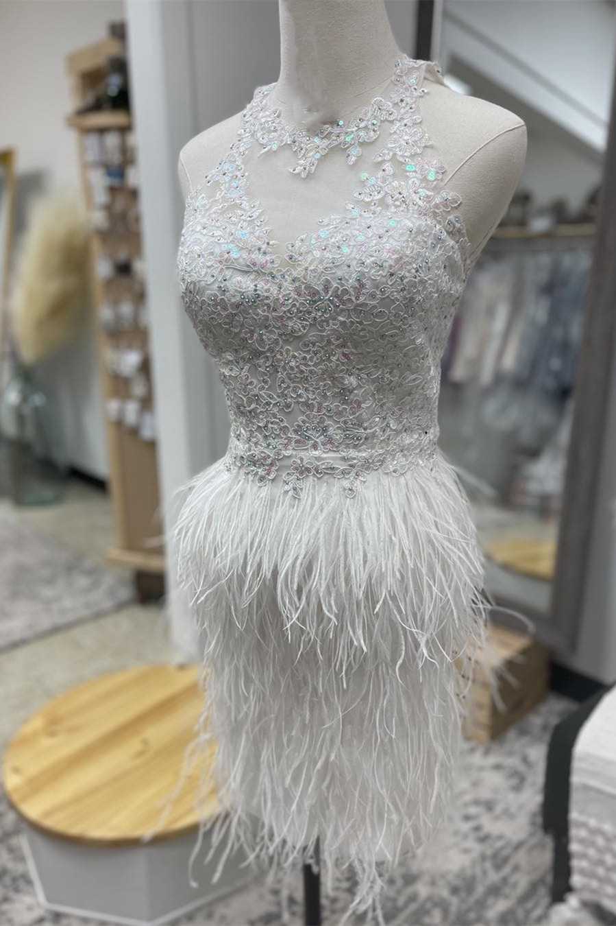 open lace back dress Feathers Lace Crew-Neck Bodycon Short Party Dress – Modsele