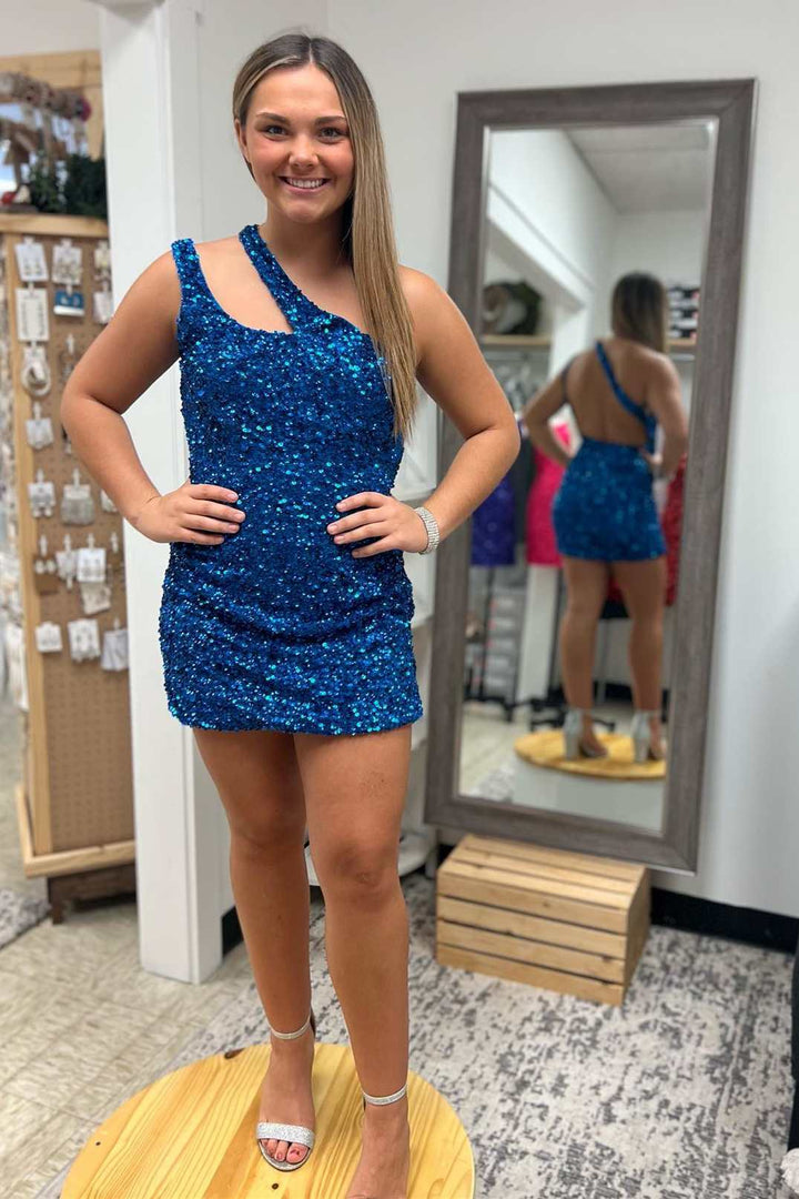 Red Sequin One-Shoulder Cutout Short Homecoming Gown