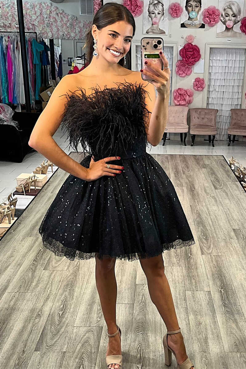 A-Line Black Sequin Feather Short Party Dress – Modsele