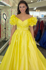 A-Line Yellow Off-the-Shoulder Ruffled Sleeve Prom Gown