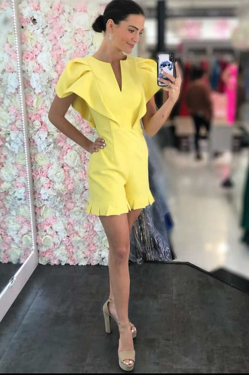 Yellow Notched Neck Ruffled Sleeve Romper