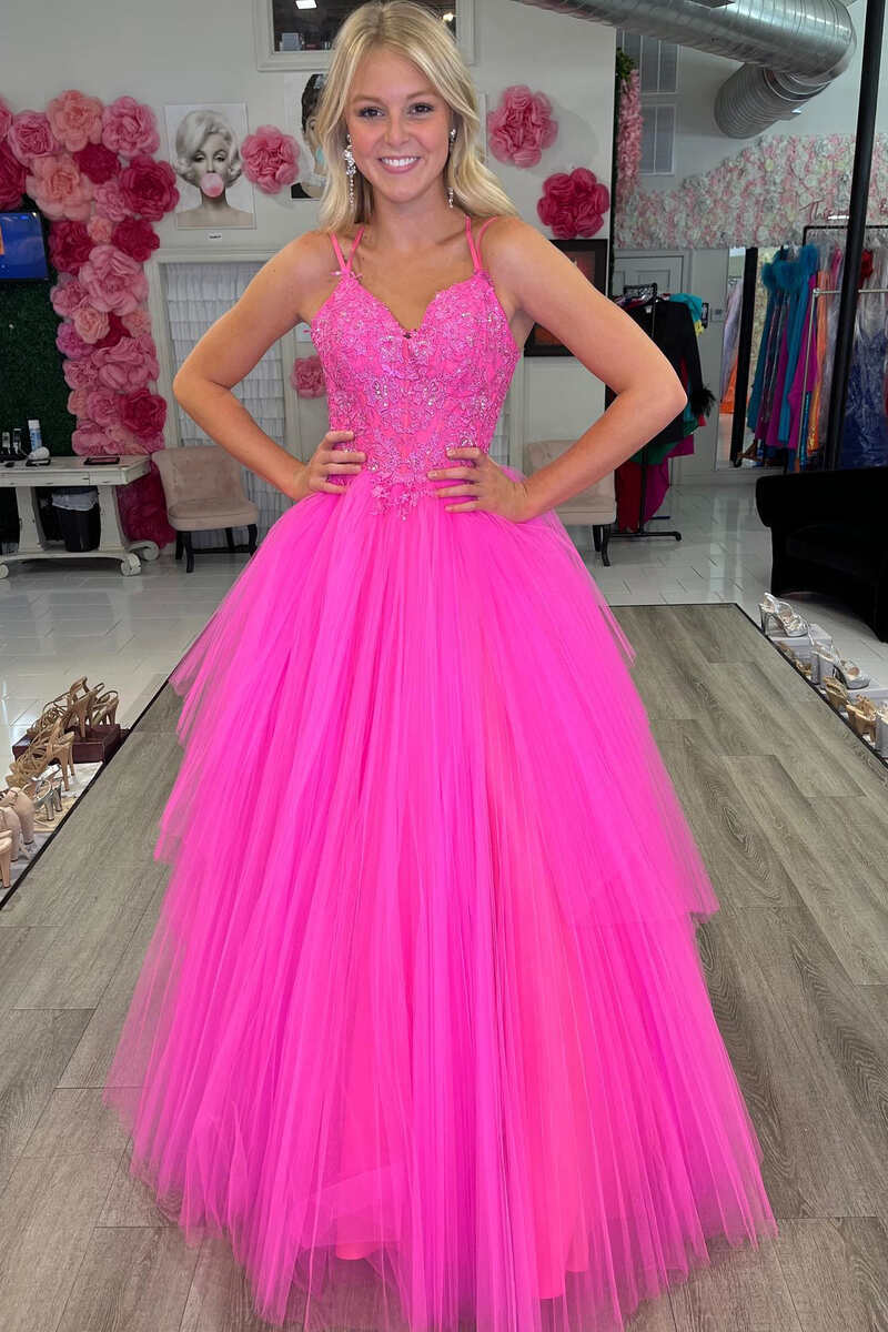 Neon Pink Lace V-Neck Lace-Up Back A-Line Long Ball Gown