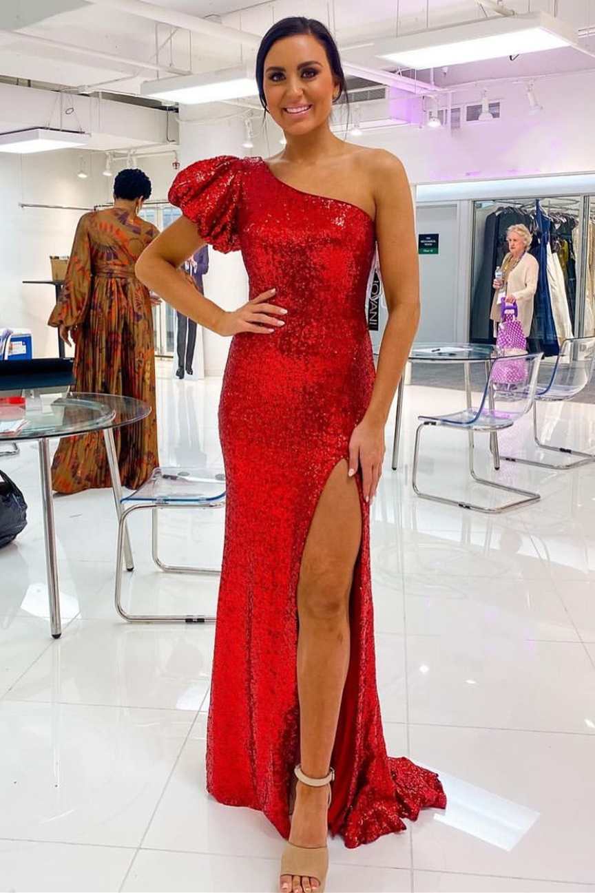 Red Sequin One-Sleeve Long Formal Dress with Slit