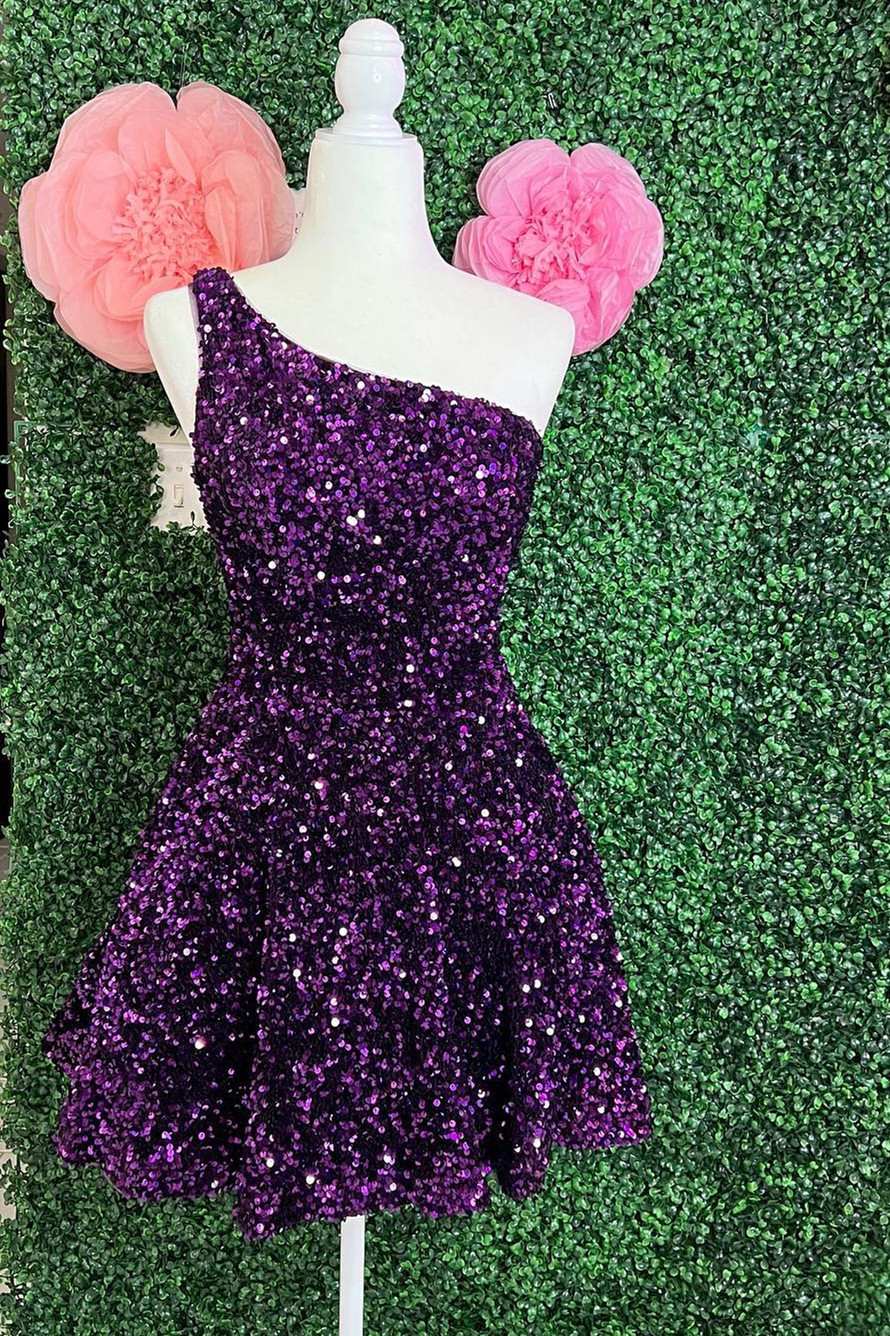 one shoulder short purple dress Glittery Beauty Purple Sequin One-Shoulder Mini Dress