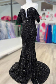 Black Sequin Off-the-Shoulder Puff Sleeve Long Prom Dress