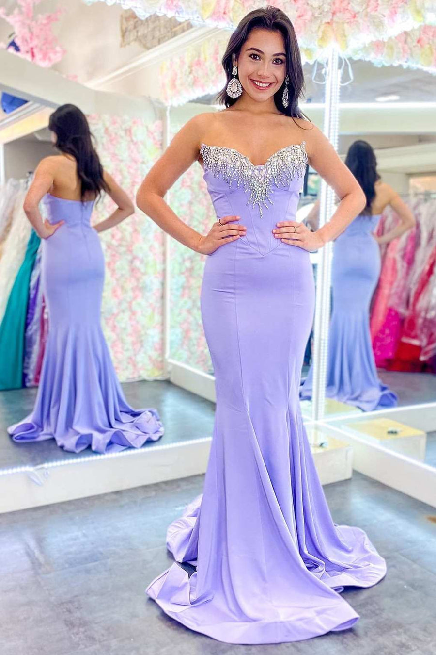 Lavender Strapless Trumpet Long Formal Gown with Rhinestones