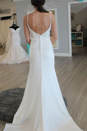 White Cowl Neck Backless Long Wedding Dress with Slit
