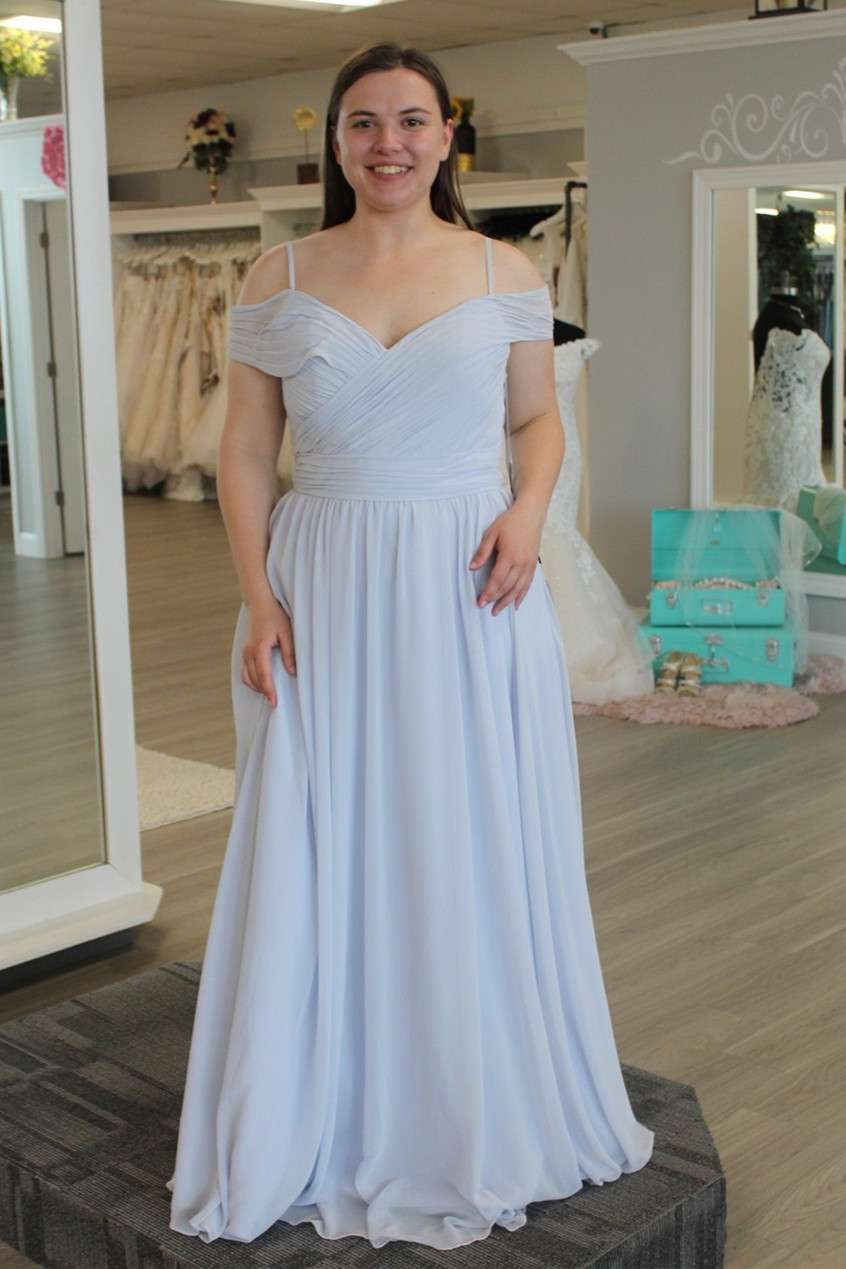 Simple Light Blue Chiffon A Line Off-the-Shoulder Long Bridesmaid Dresses, PB134