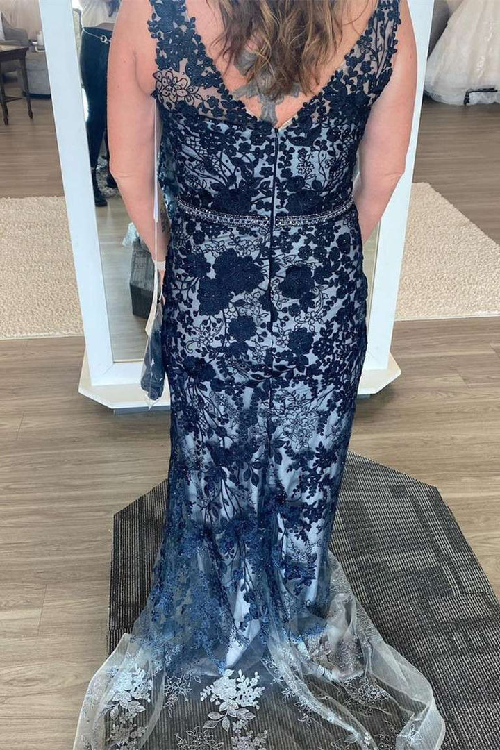 Navy Blue Lace V-Neck Sheath Mother of the Bride Dress