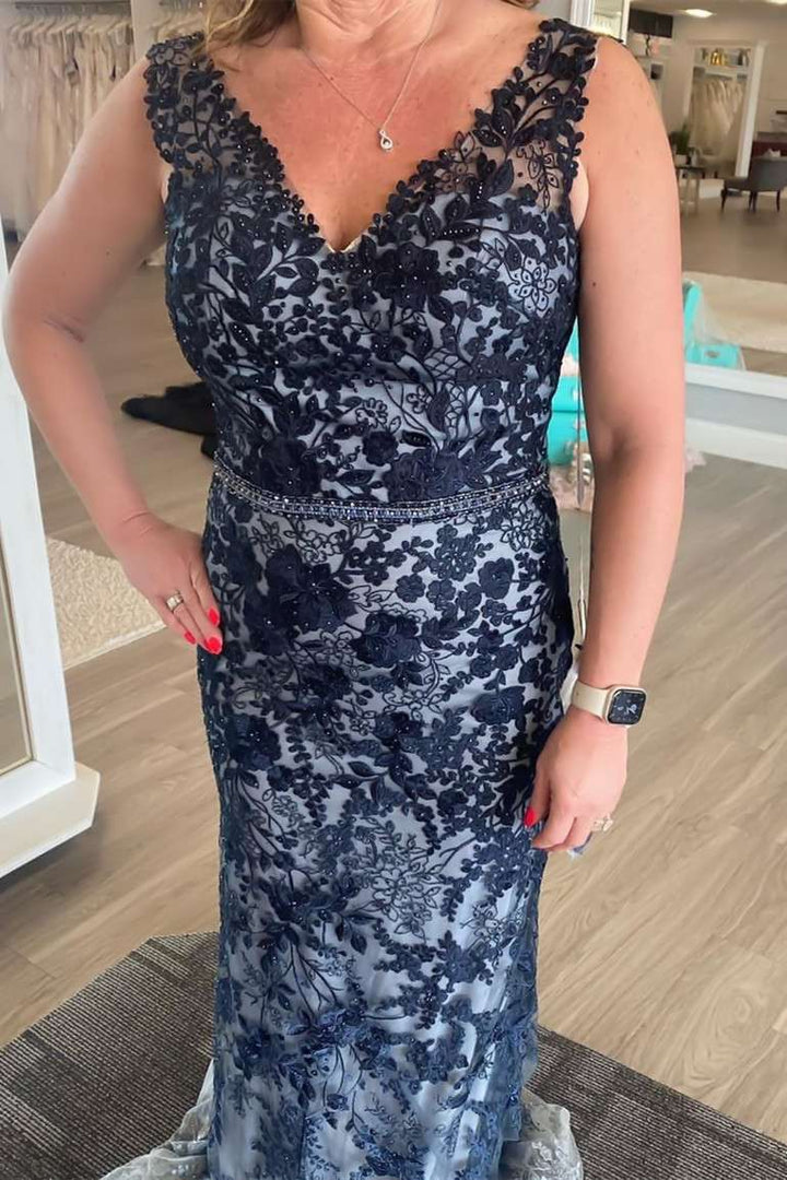 Navy Blue Lace V-Neck Sheath Mother of the Bride Dress