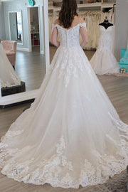 White Appliques Off-the-Shoulder Tassel A-Line Long Wedding Dress