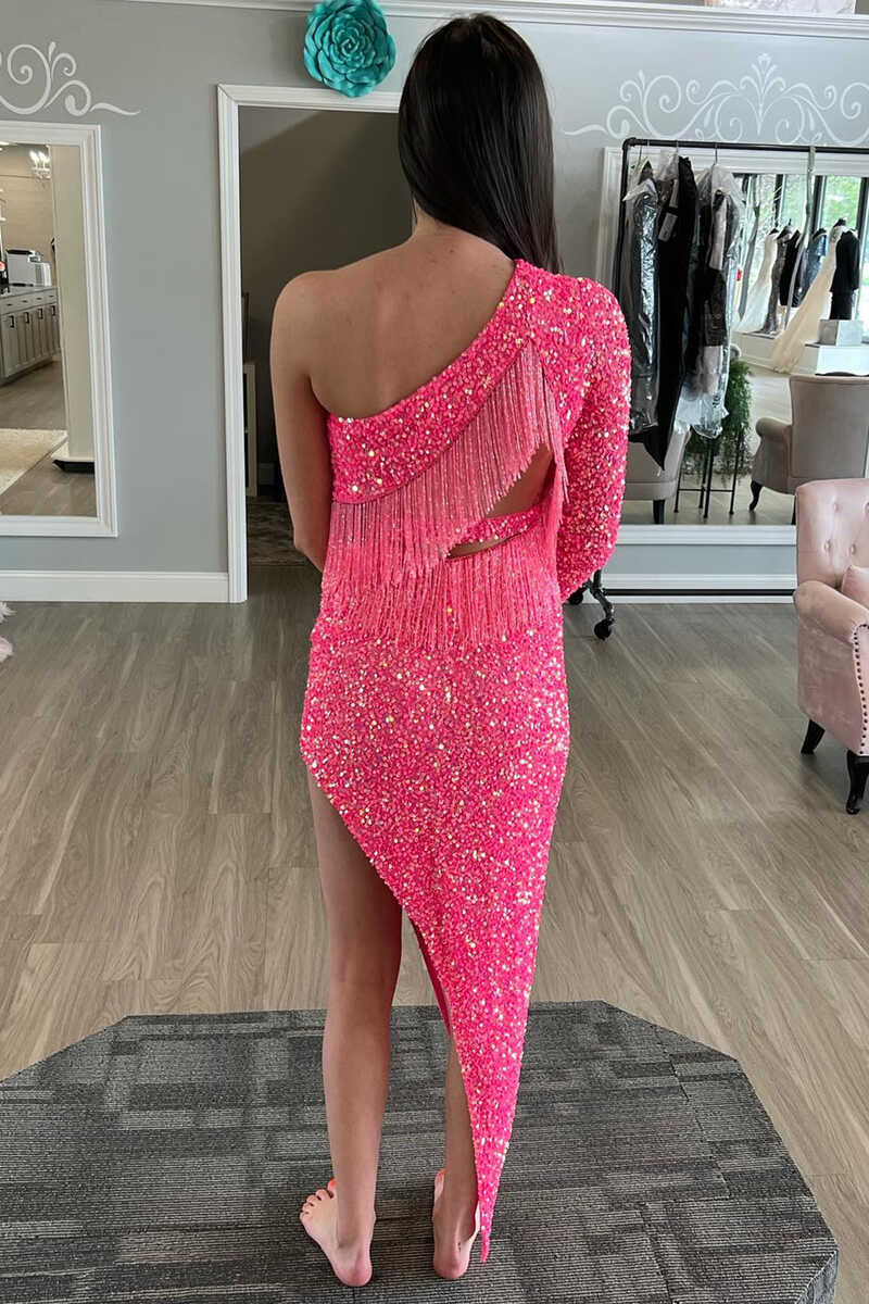 Asymmetrical Hot Pink One Sleeve Tassel Homecoming Dress Modsele Asymmetrical Hot Pink One Sleeve Tassel Homecoming Dress Modsele