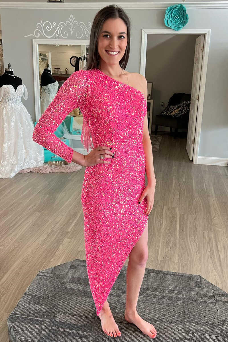 Asymmetrical Hot Pink One Sleeve Tassel Homecoming Dress Modsele Asymmetrical Hot Pink One Sleeve Tassel Homecoming Dress Modsele