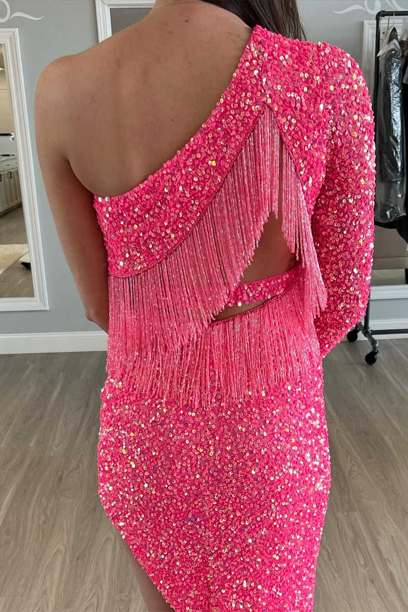 Asymmetrical Hot Pink One Sleeve Tassel Homecoming Dress