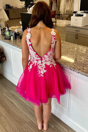Neon Pink Appliques Backless A-Line Short Homecoming Dress