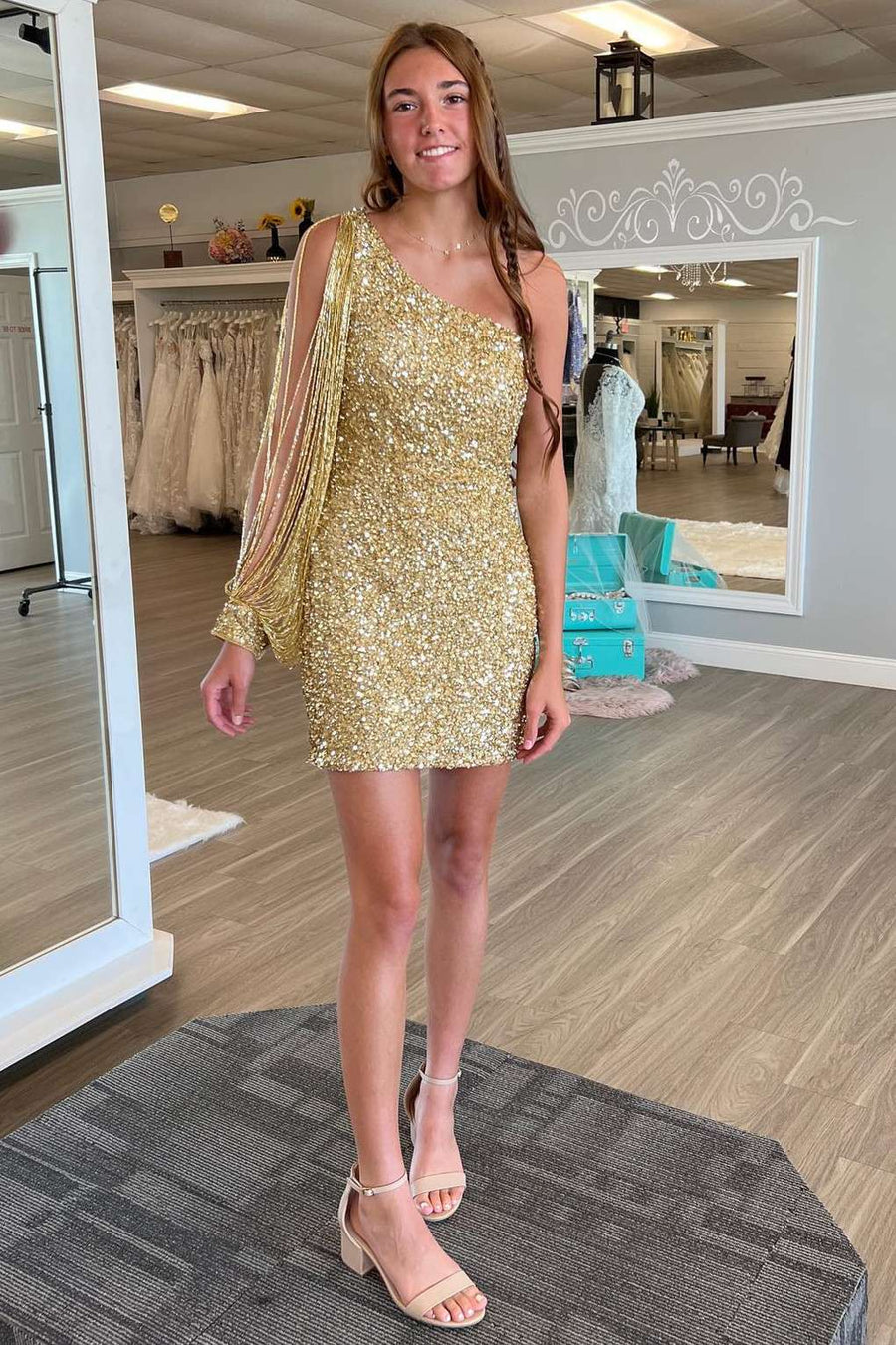 Gold Sequin One-Sleeve Short Homecoming Dress