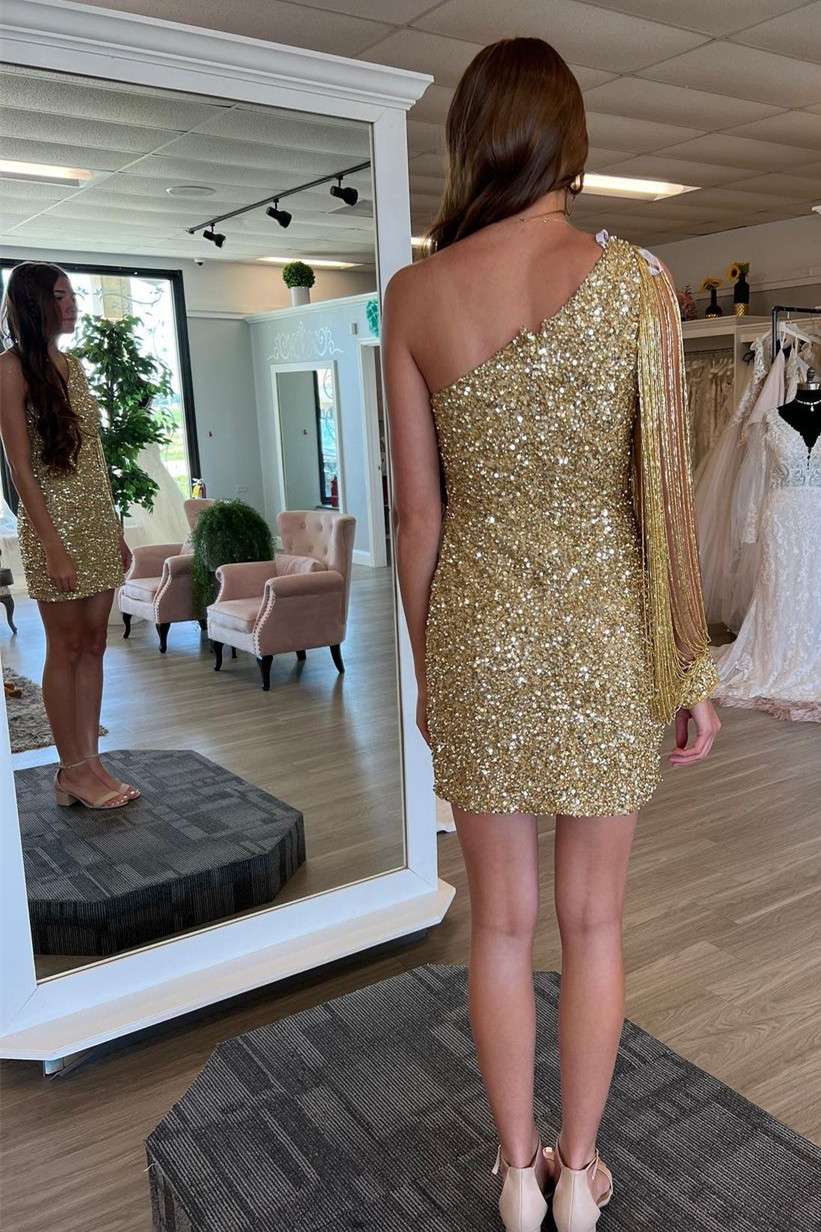 Gold Sequin One-Sleeve Short Homecoming Dress