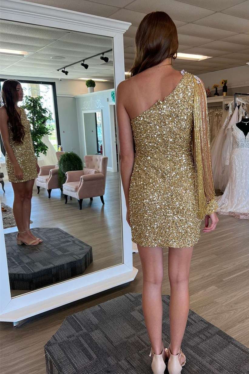 Gold Sequin One-Sleeve Short Homecoming Dress Modsele Gold Sequin One-Sleeve Short Homecoming Dress Modsele