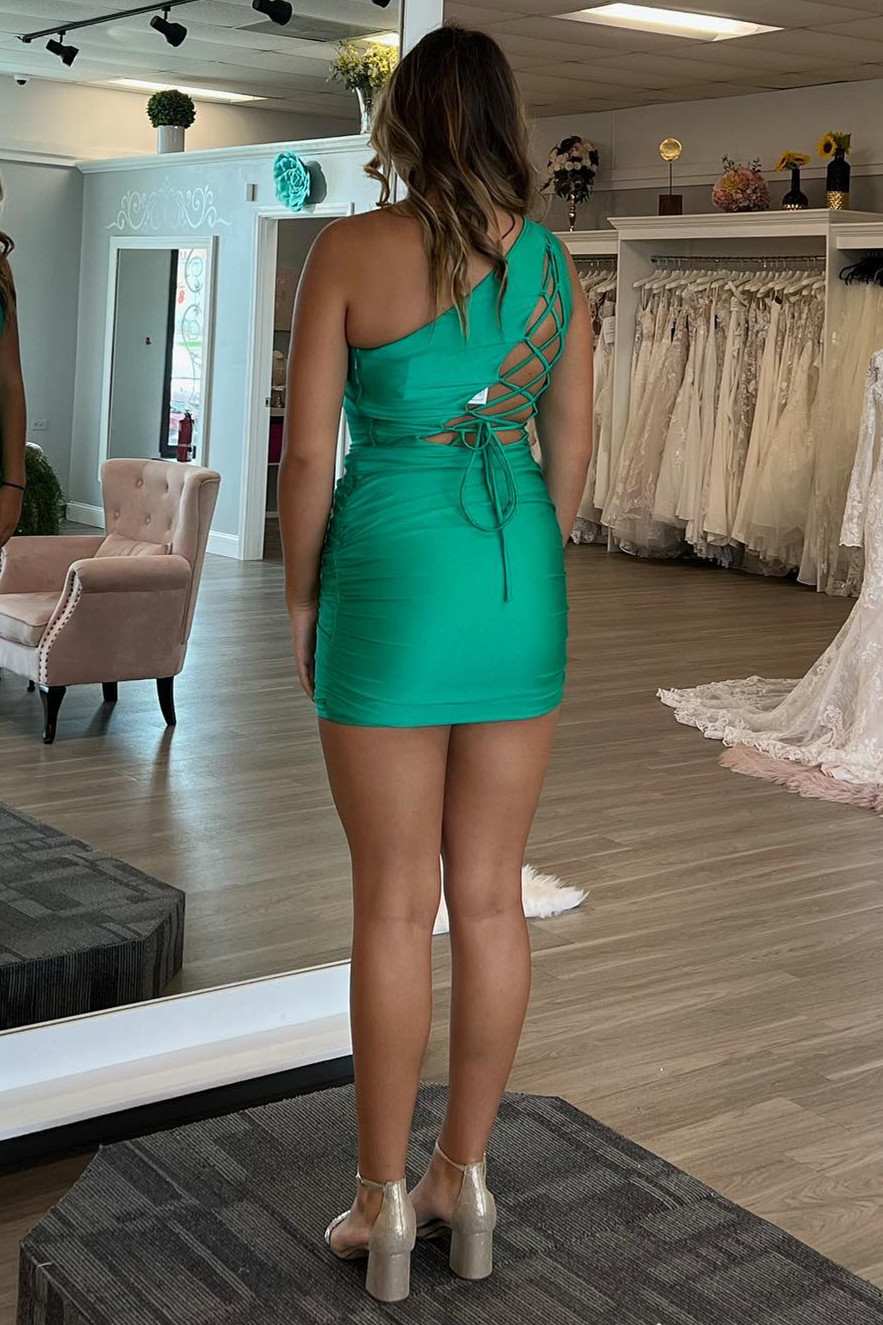 Green One-Shoulder Lace-Up Tight Homecoming Dress