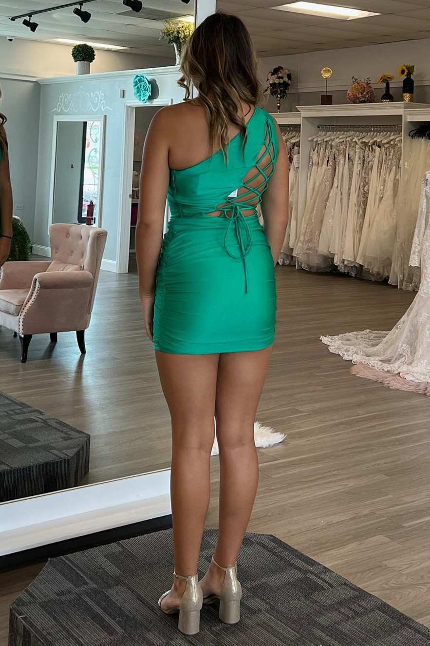 Green One-Shoulder Lace-Up Tight Homecoming Dress Modsele Green One-Shoulder Lace-Up Tight Homecoming Dress Modsele
