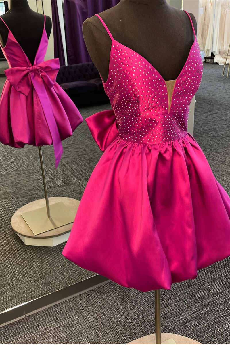 Magenta Beaded V-Neck Bow Back A-Line Short Homecoming Dress Modsele Magenta Beaded V-Neck Bow Back A-Line Short Homecoming Dress Modsele