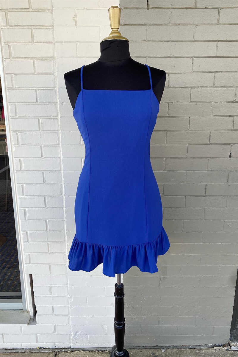Royal Blue Straps Ruffled Mini Party Dress