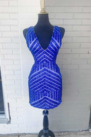 Royal Blue Sequin Plunge Neck Short Party Dress