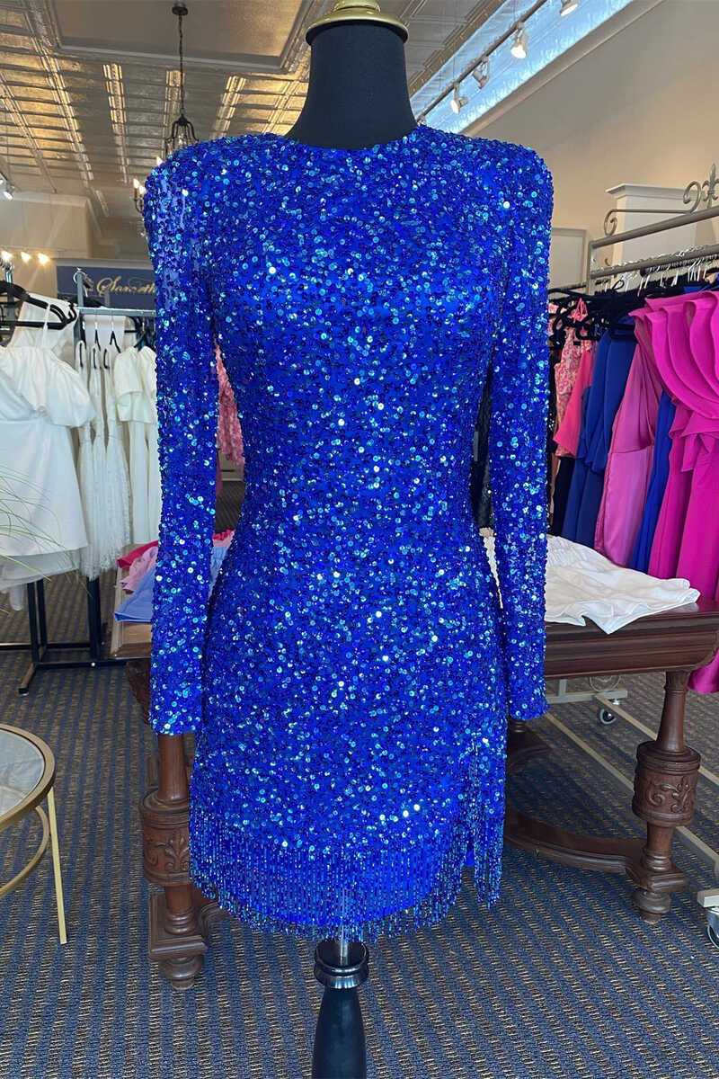 Blue Sequin Long Sleeve Tassel Short Party Dress